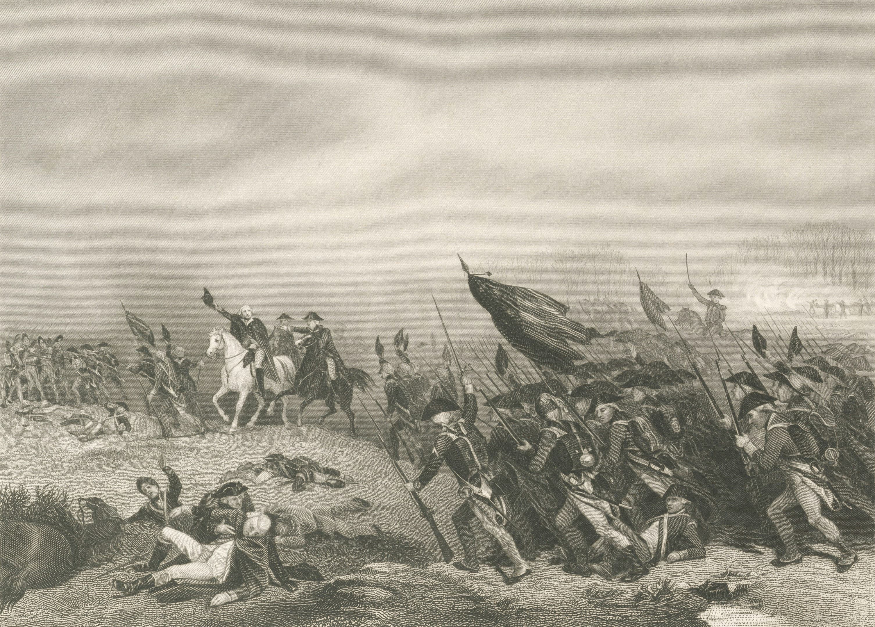 Historical illustration of soldiers in battle with flags and horses