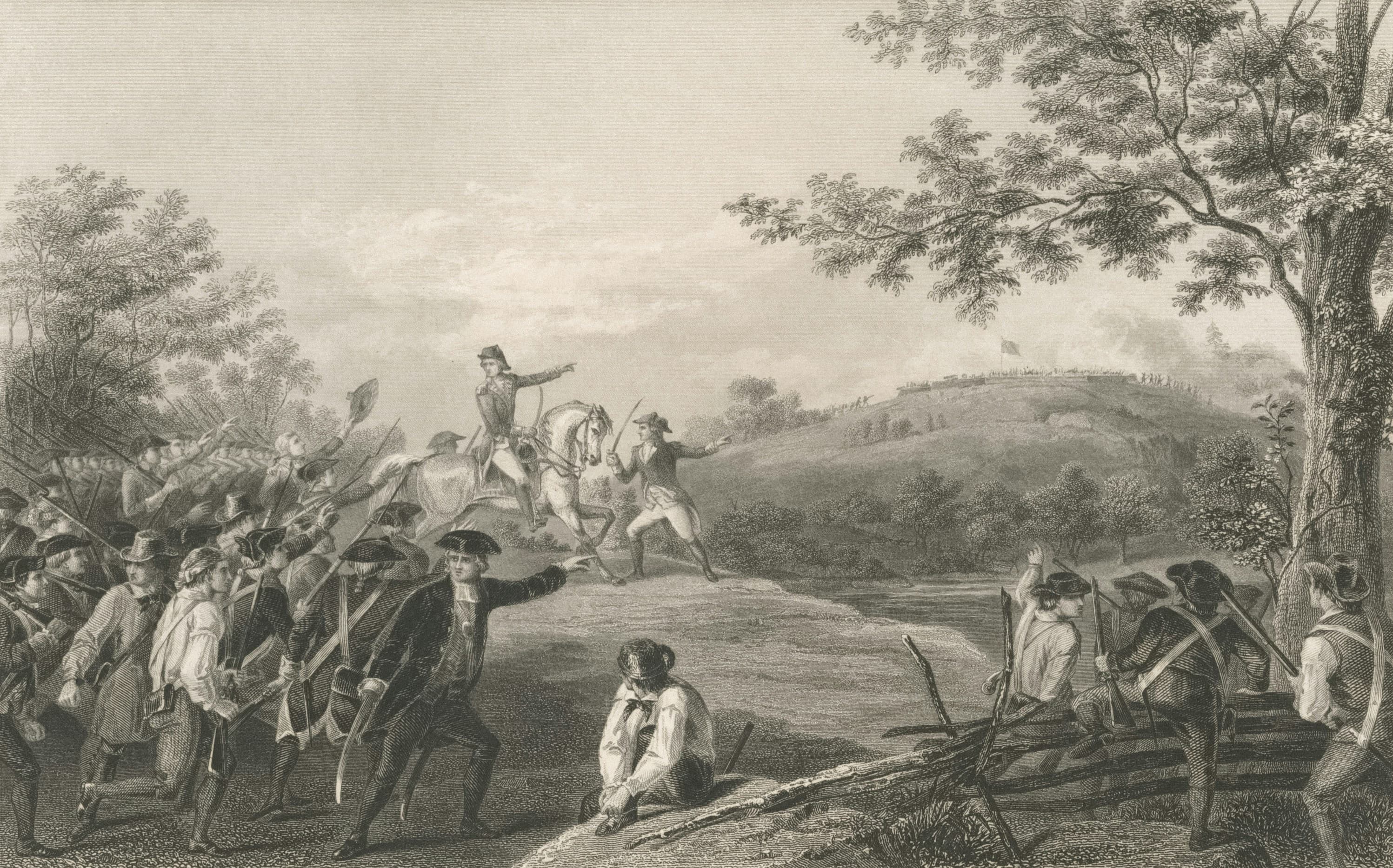 Historical illustration of Revolutionary War soldiers in battle