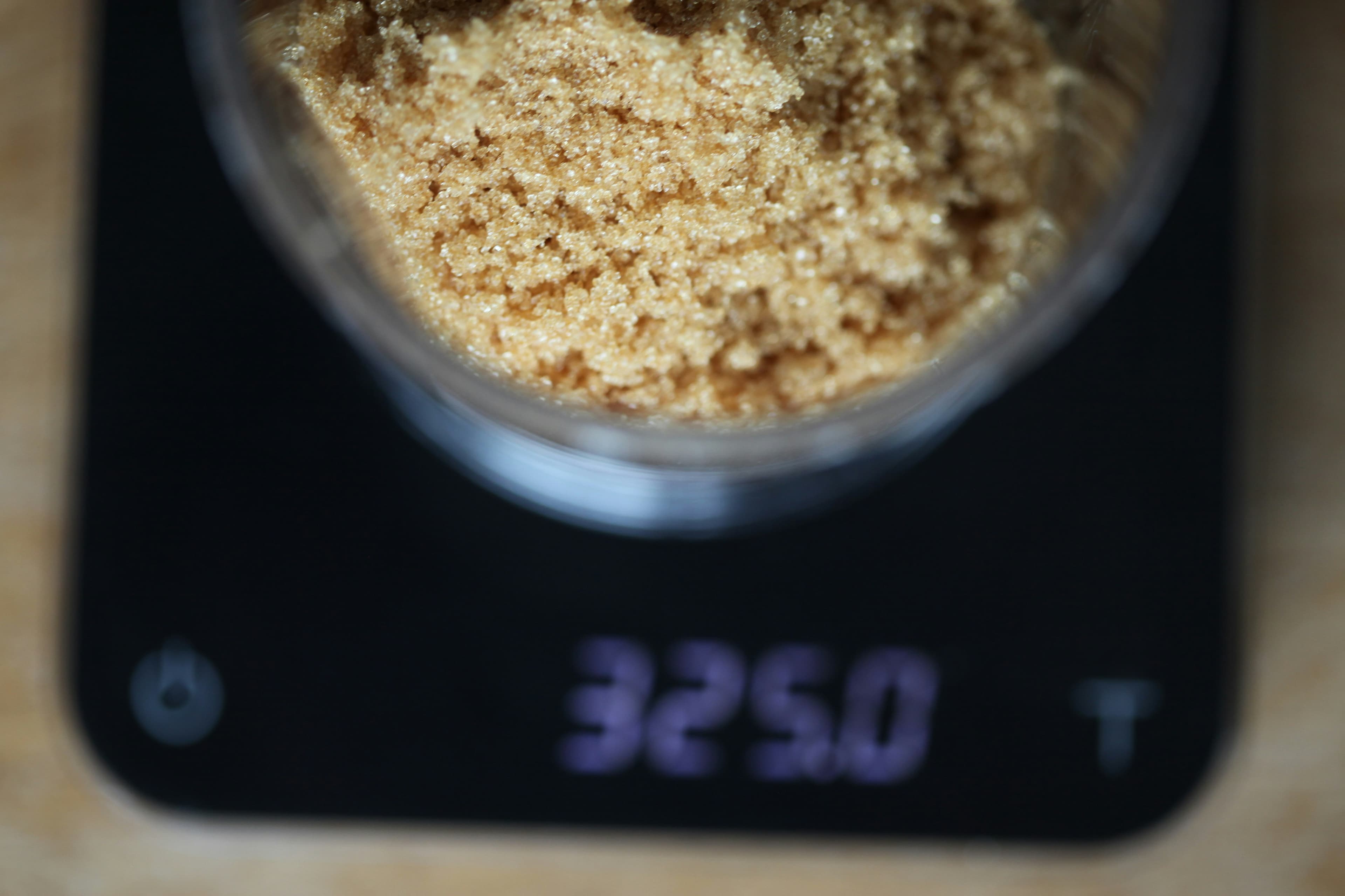 Brown sugar measured on a digital kitchen scale